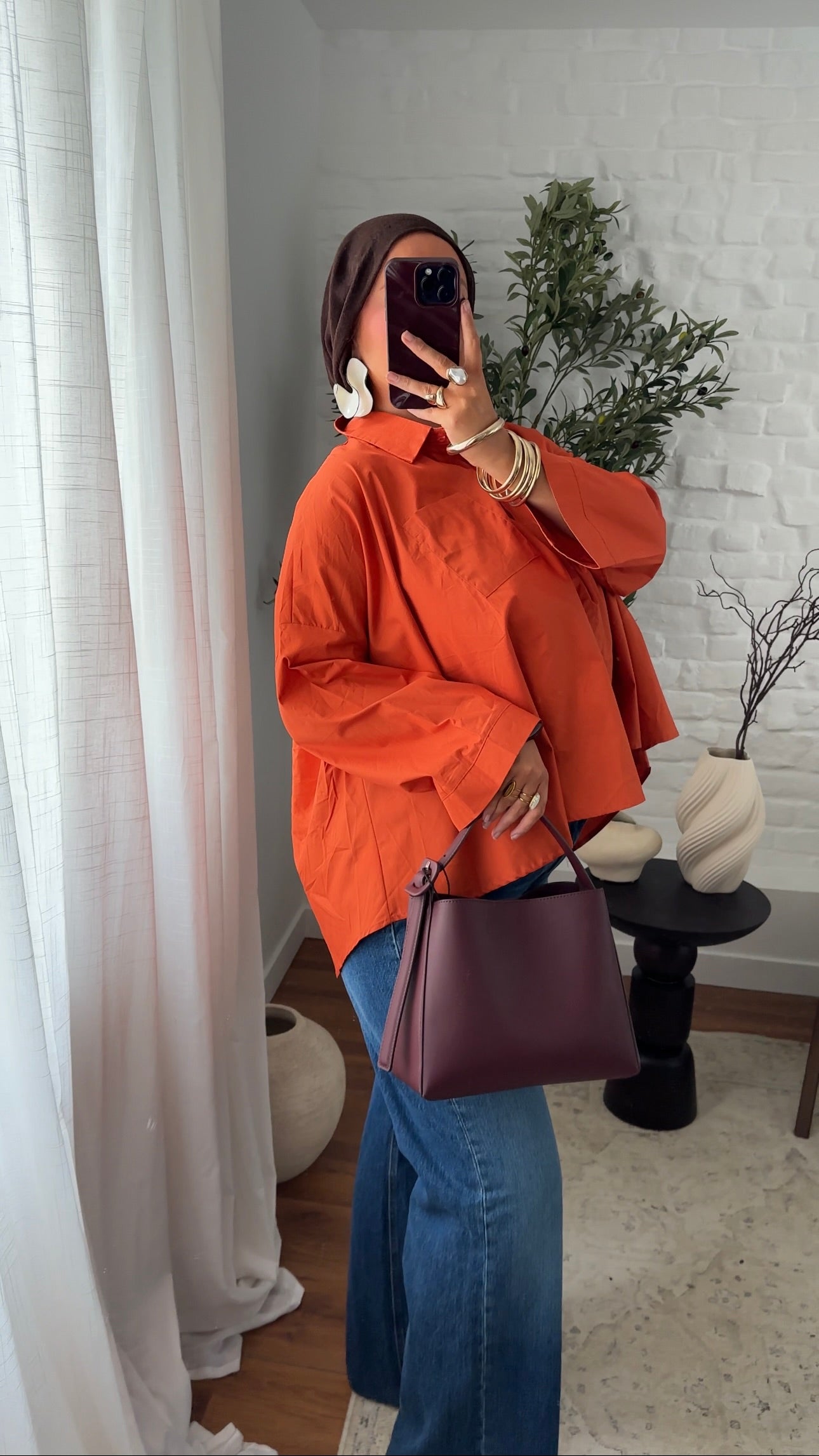 Chemise mi longue en coton | Orange