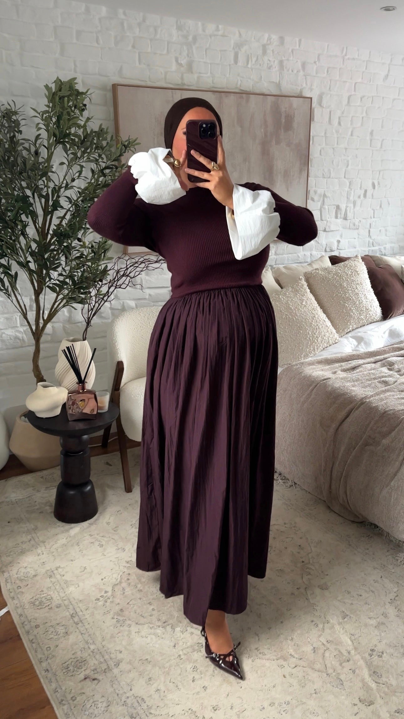 Robe ultra longue en maille fine et volant | Bordeaux