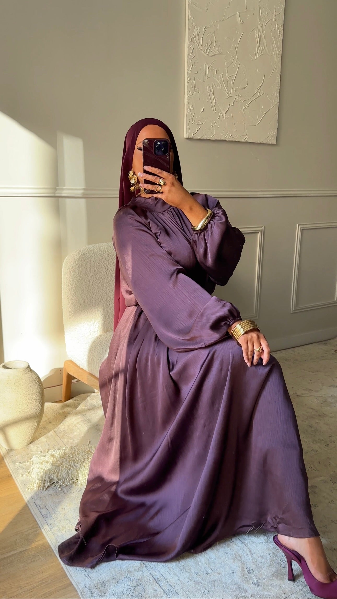 Robe ultra longue satinée à ceinture | Violet