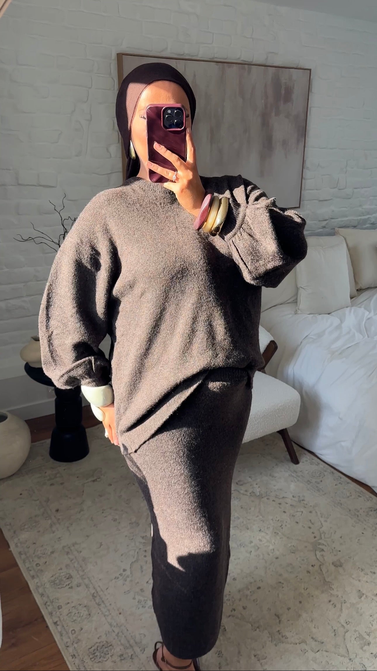 Ensemble comfy en laine véritable jupe longue et pull long | Marron