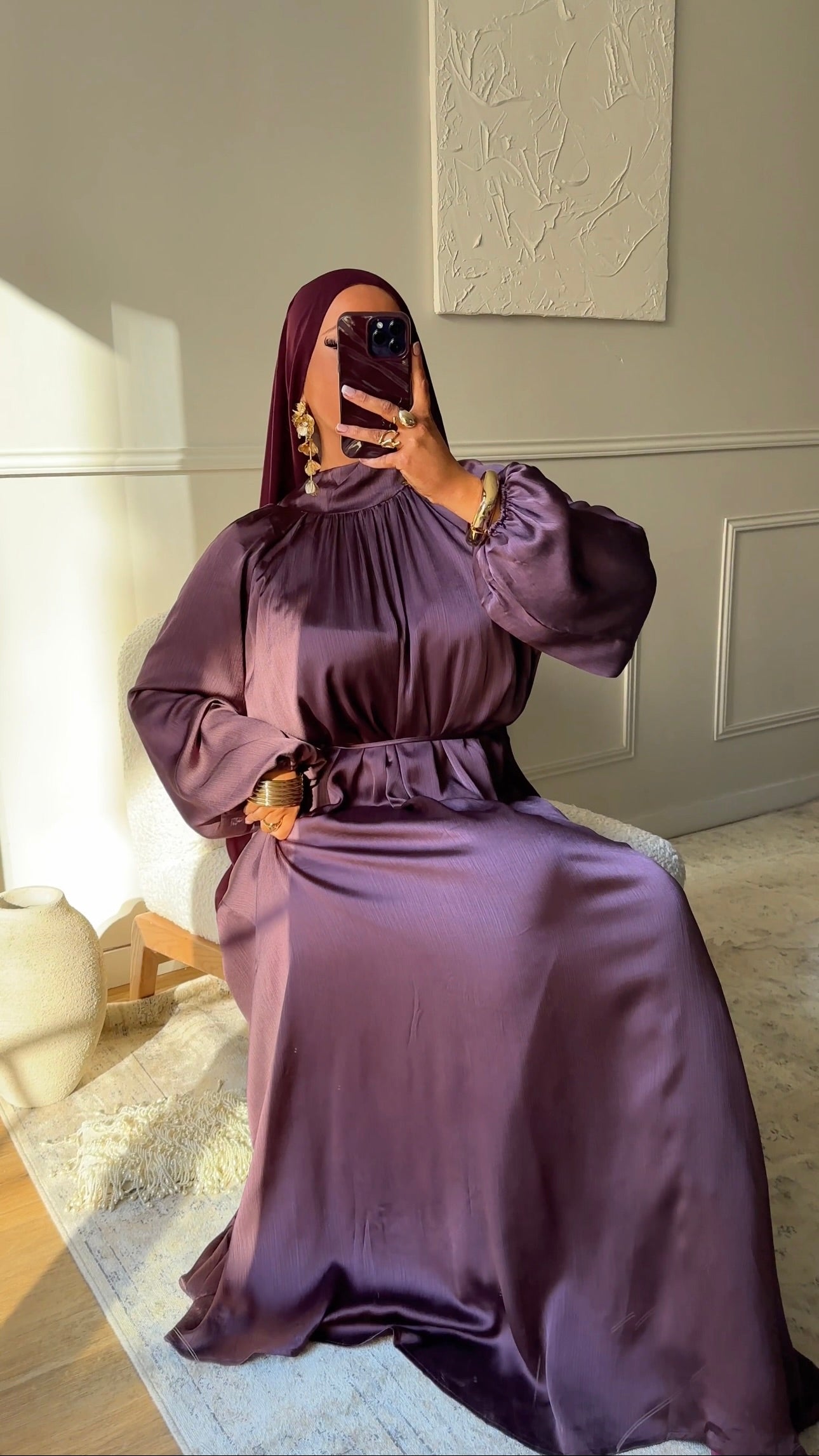 Robe ultra longue satinée à ceinture | Violet