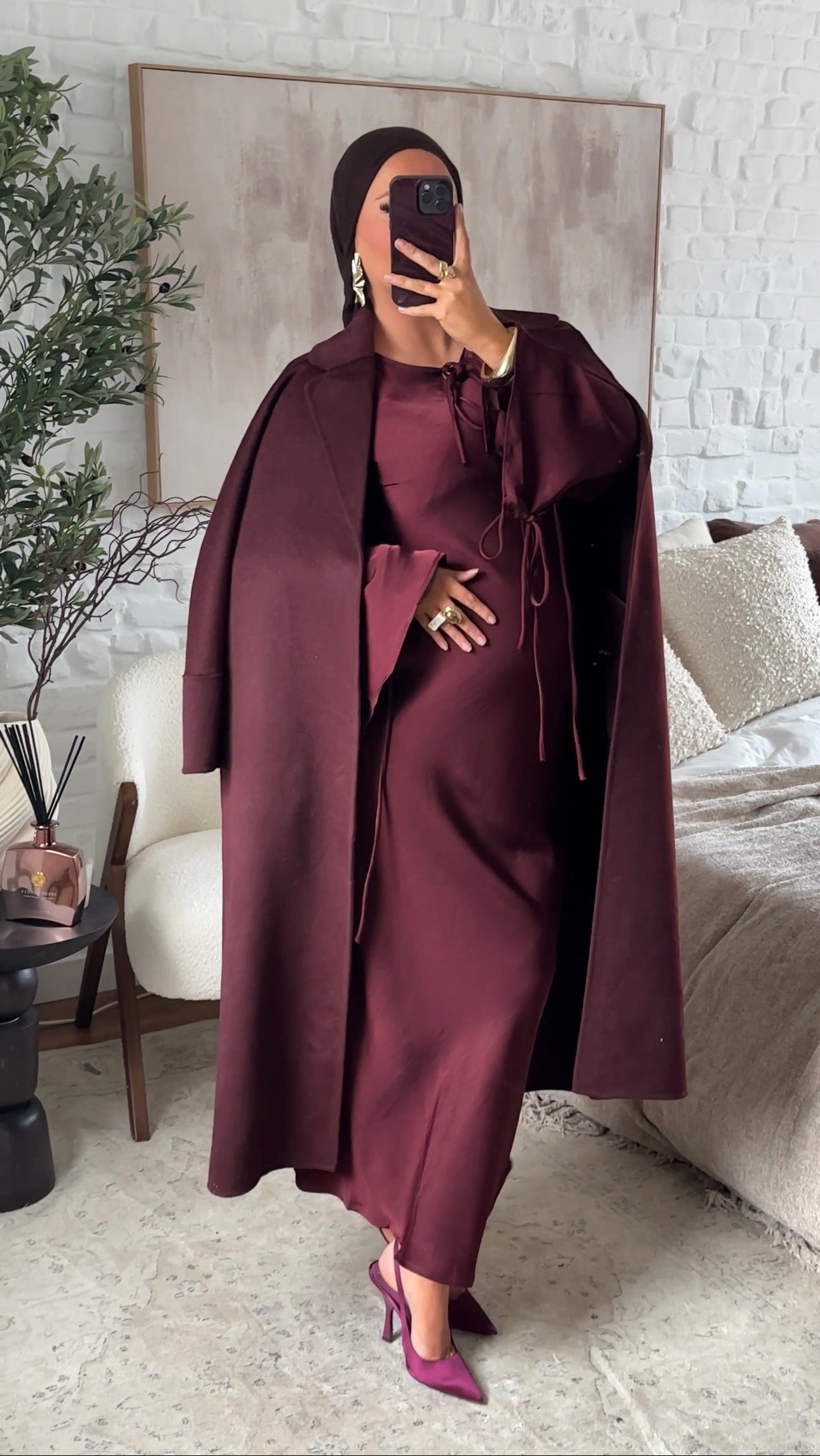 Robe ultra longue satinée à noeud Bordeaux | Pré-commande