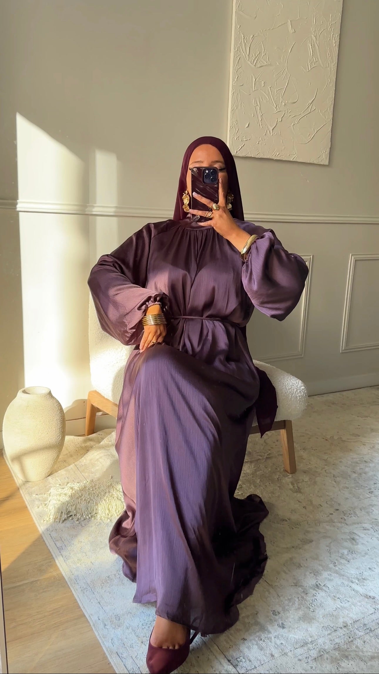 Robe ultra longue satinée à ceinture | Violet