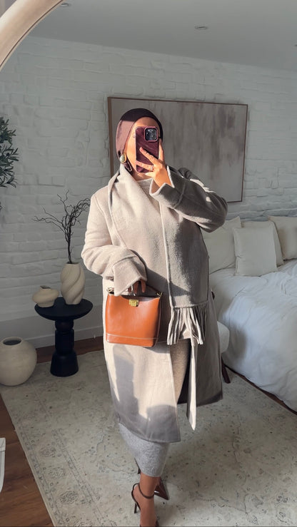 [GAMME LUXE] Manteau long ultra doux en laine véritable ultra chaud à écharpe | Beige
