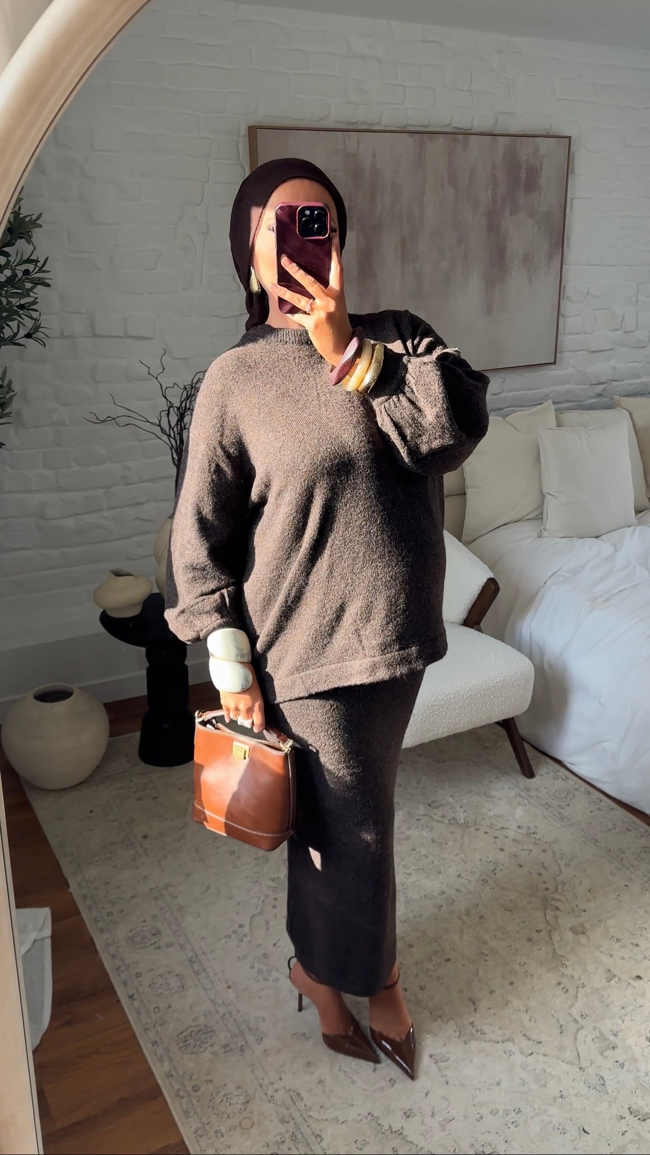 Ensemble comfy en laine véritable jupe longue et pull long | Marron