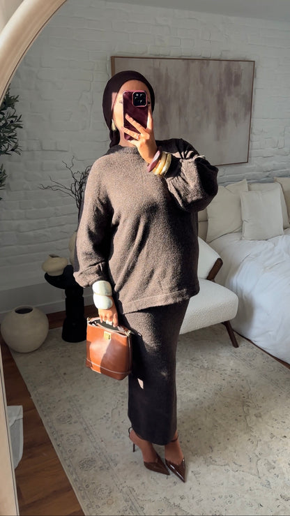 Ensemble comfy en laine véritable jupe longue et pull long | Marron