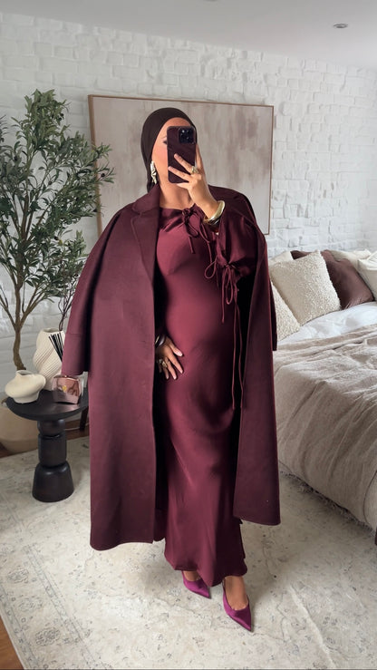 [GAMME PREMIUM] Manteau long en laine véritable fait main à ceinture | Bordeaux