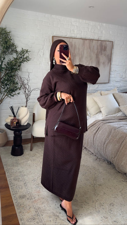 Ensemble comfy en maille à jupe longue et col montant | Marron