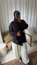 [GAMME LUXE] Manteau mi long en laine véritable à ceinture fait main | Marron