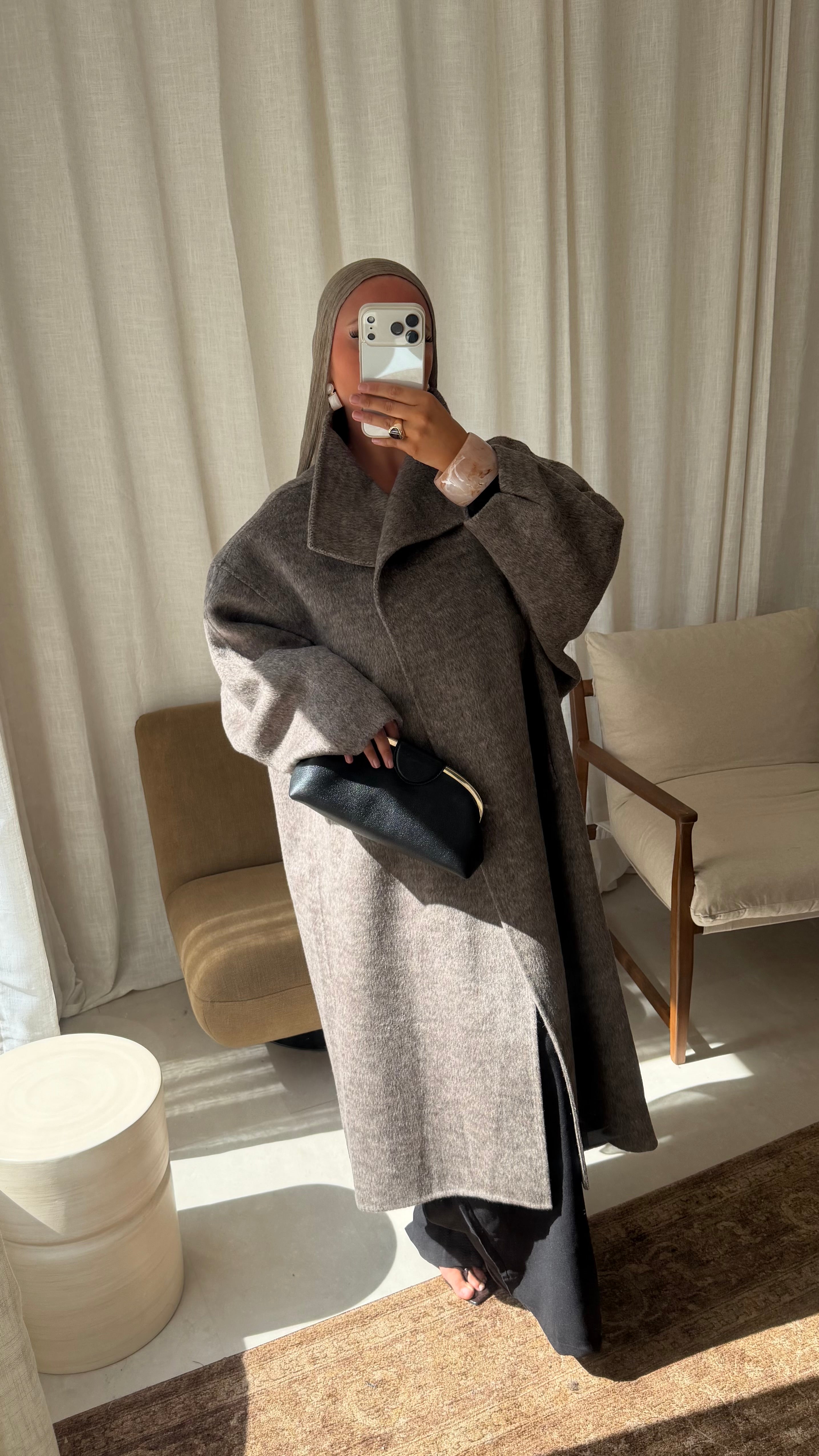 [GAMME LUXE] Manteau long cousu main en laine véritable | Taupe