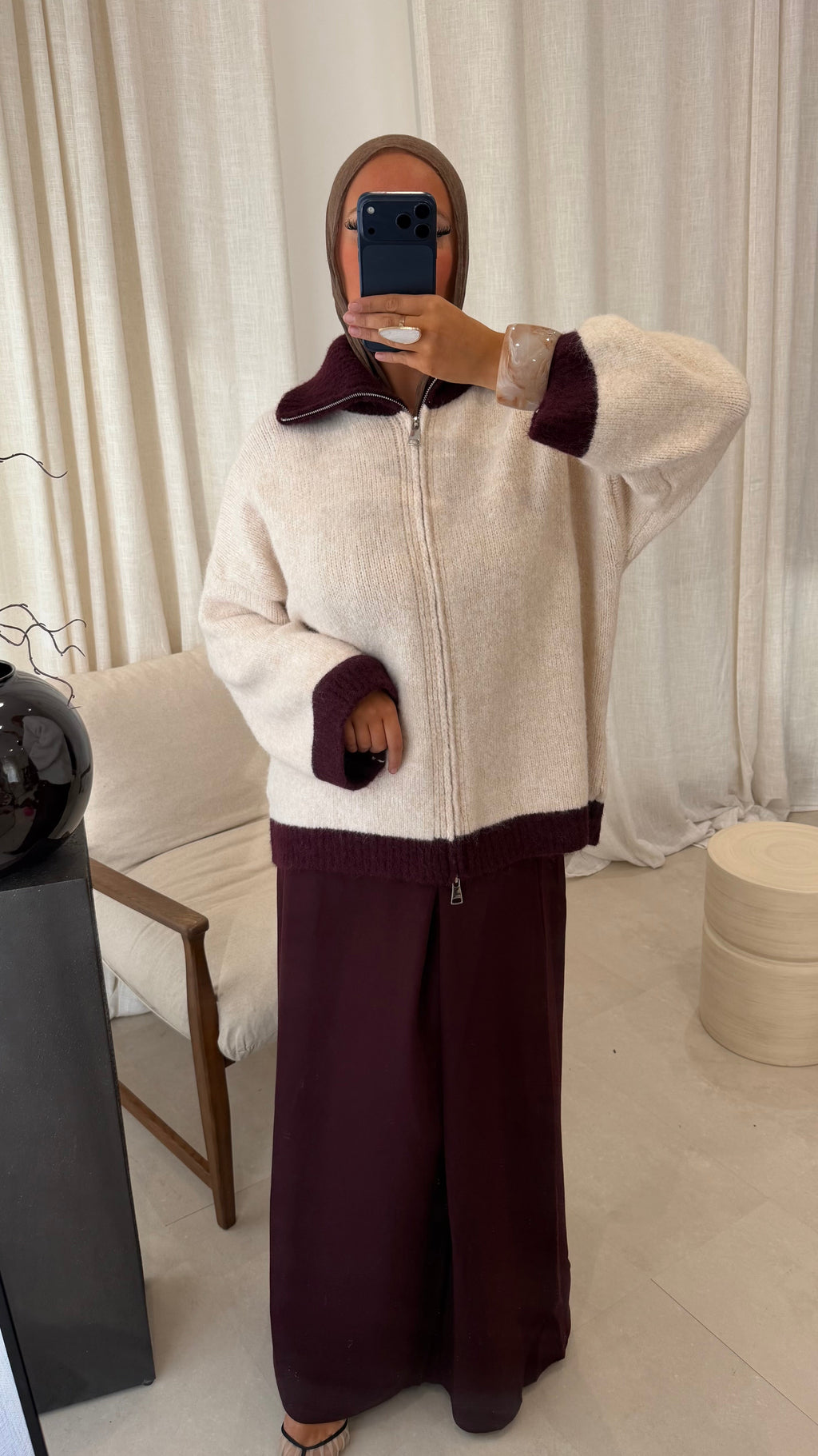 Pull à col ultra doux à zip bicolore MATHILDE | Beige et bordeaux