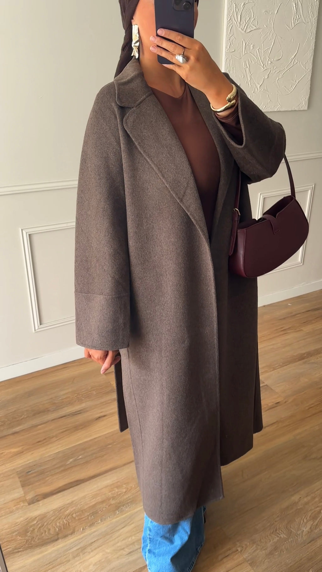 [GAMME LUXE] Manteau long en laine véritable fait main à ceinture | Marron