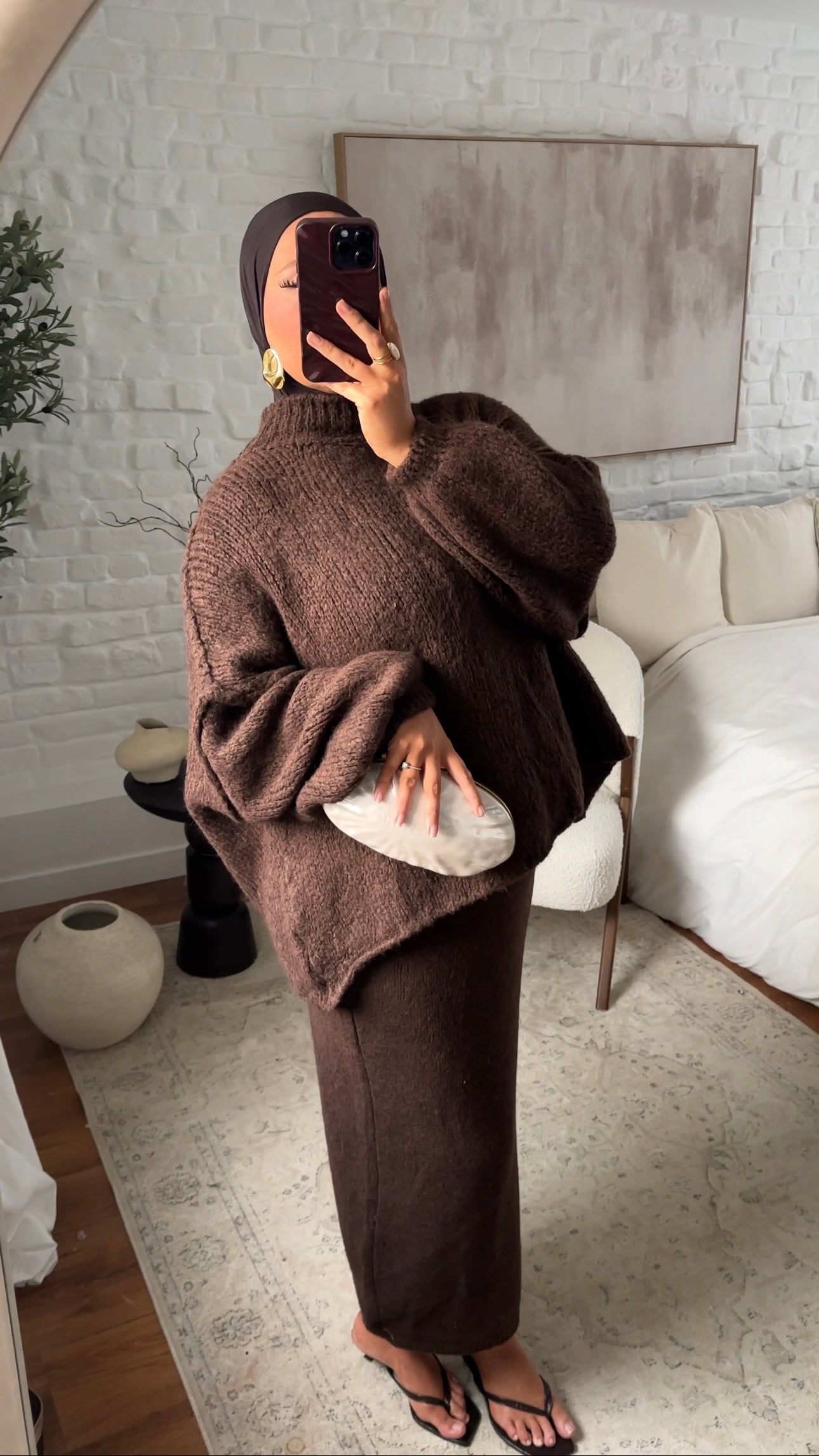 Jupe longue en maille | Marron