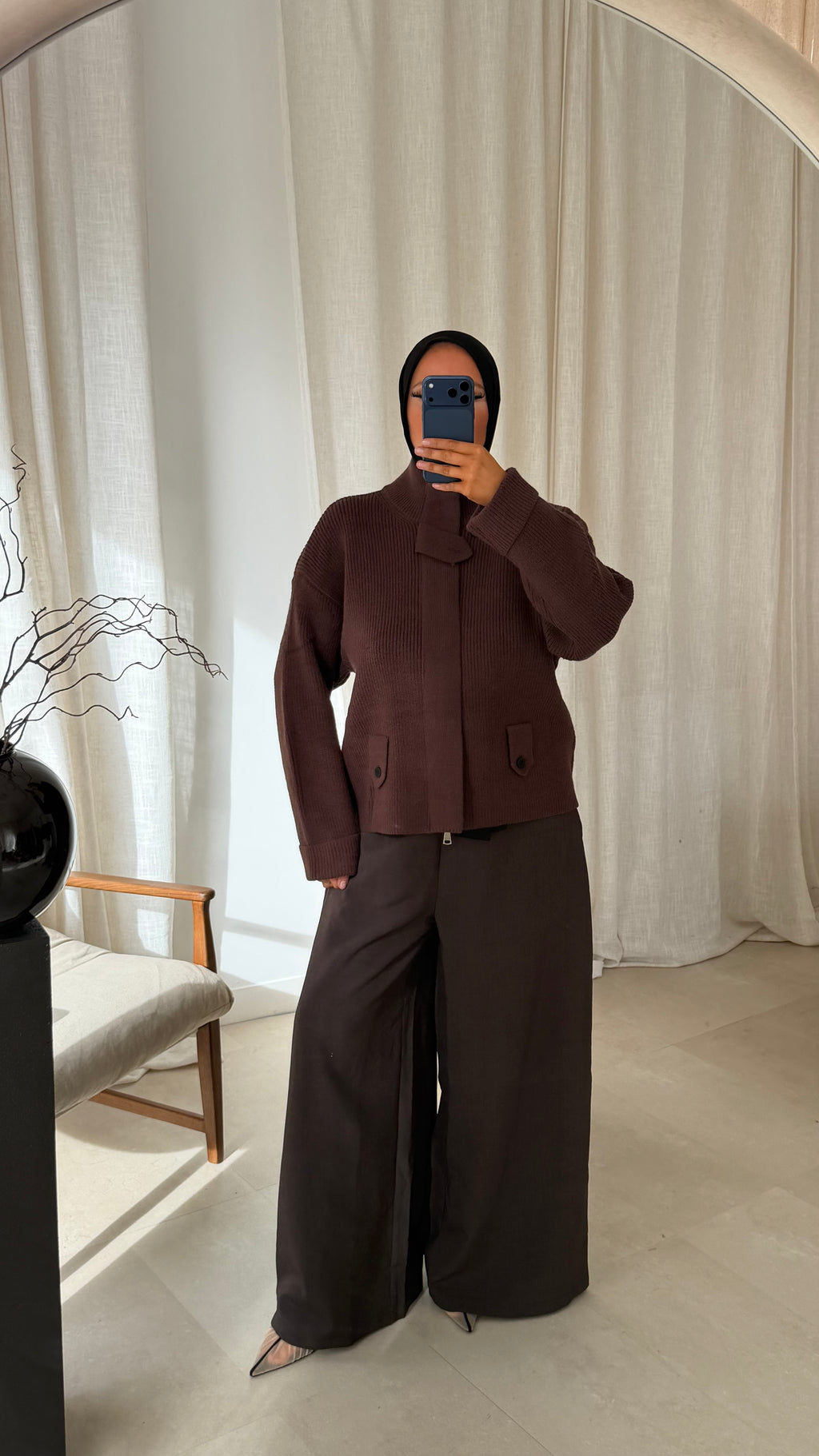 Pull grosse maille à zip à ceinture | Marron