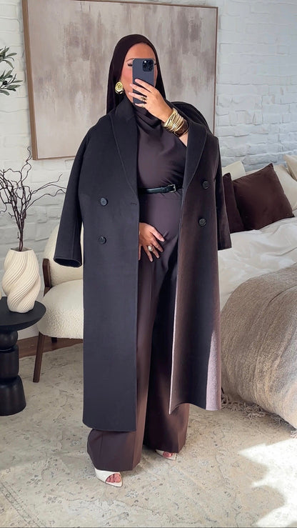 [GAMME PREMIUM] Manteau ultra long en laine véritable | Marron dark chocolat