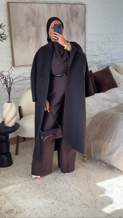 [GAMME PREMIUM] Manteau ultra long en laine véritable | Marron dark chocolat