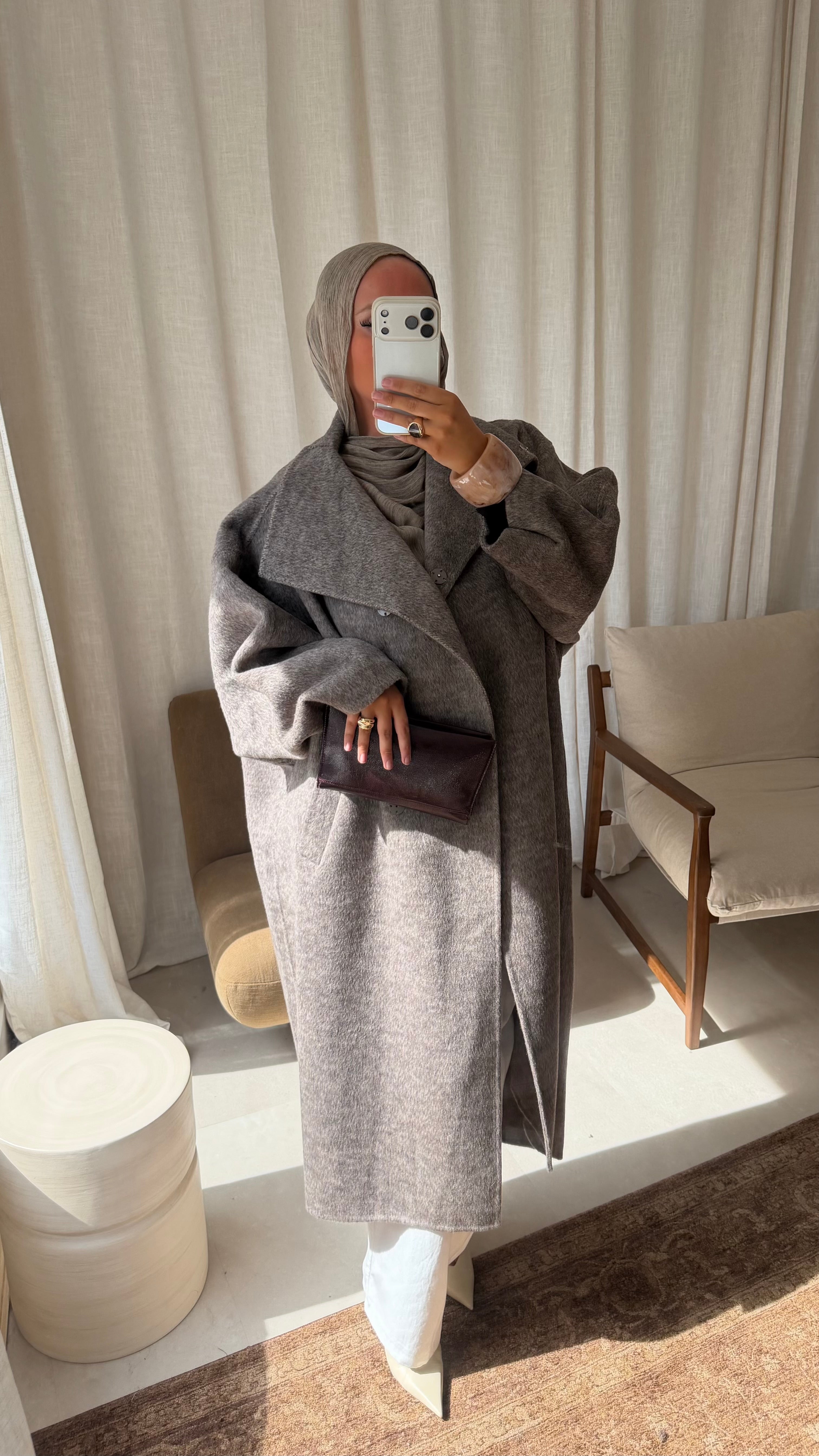 [GAMME LUXE] Manteau long cousu main en laine véritable | Taupe
