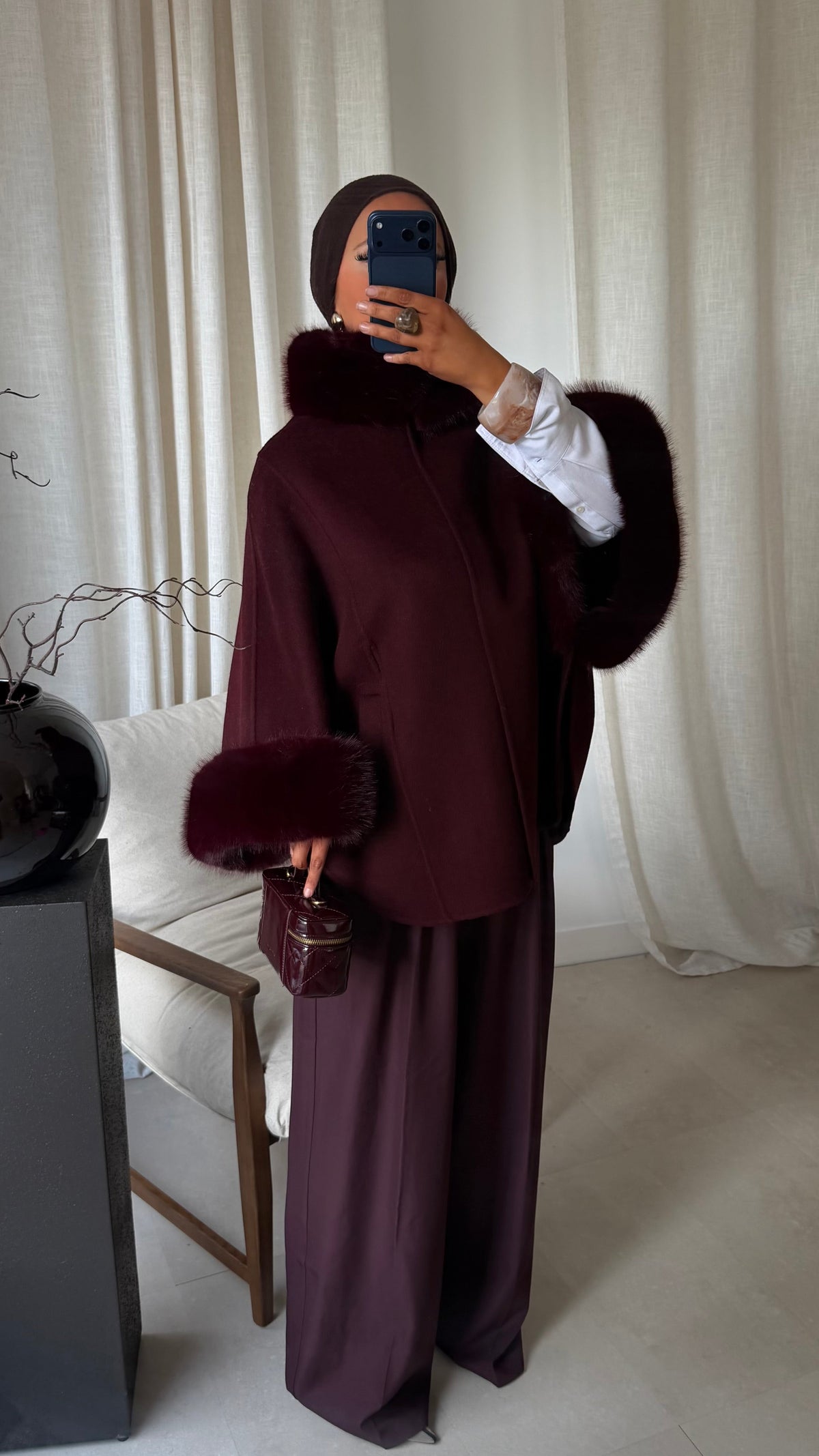 [GAMME LUXE] Manteau en laine à fourrure amovible cousu main | Bordeaux