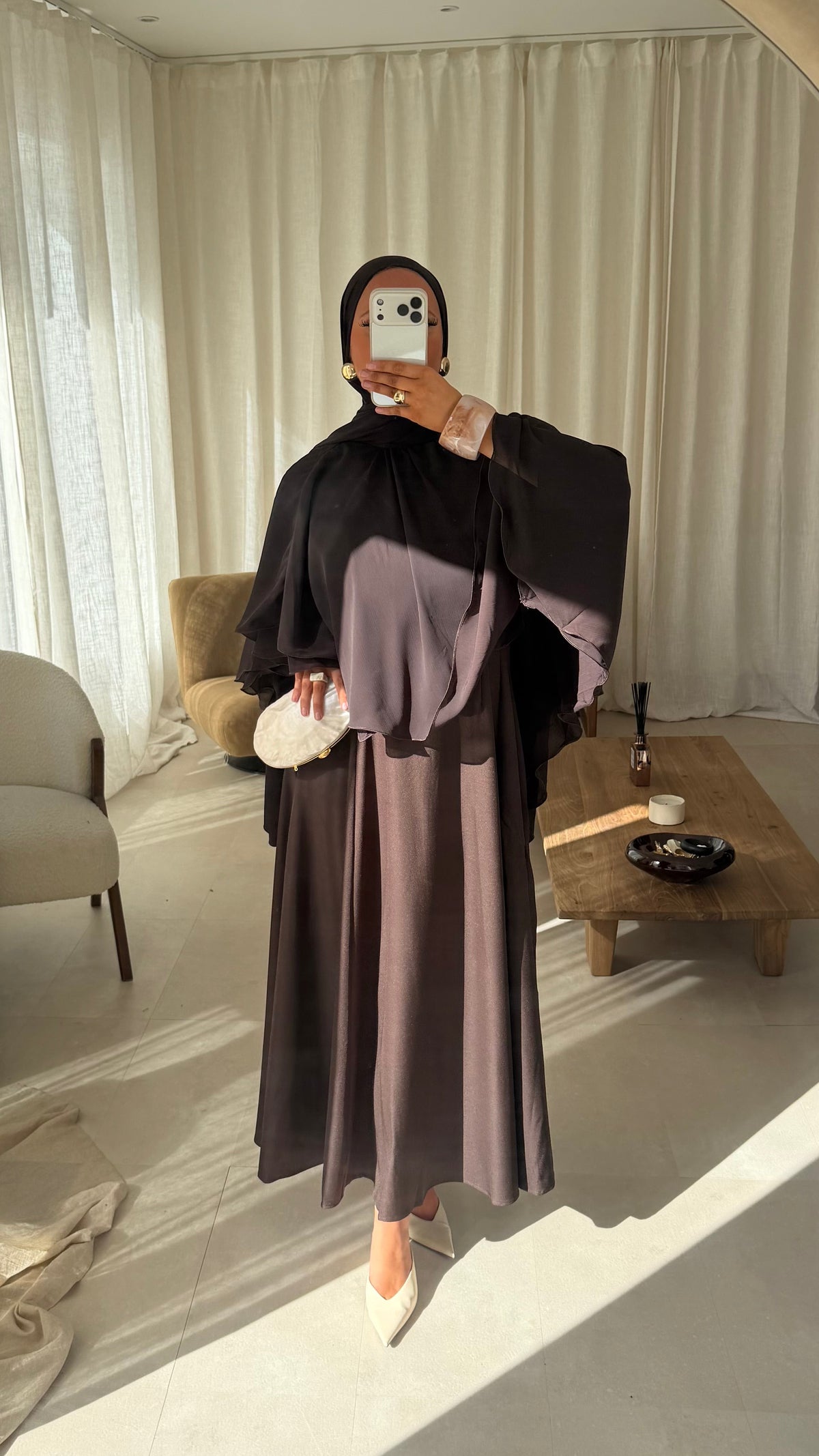 Robe ultra longue à manches courtes | Marron