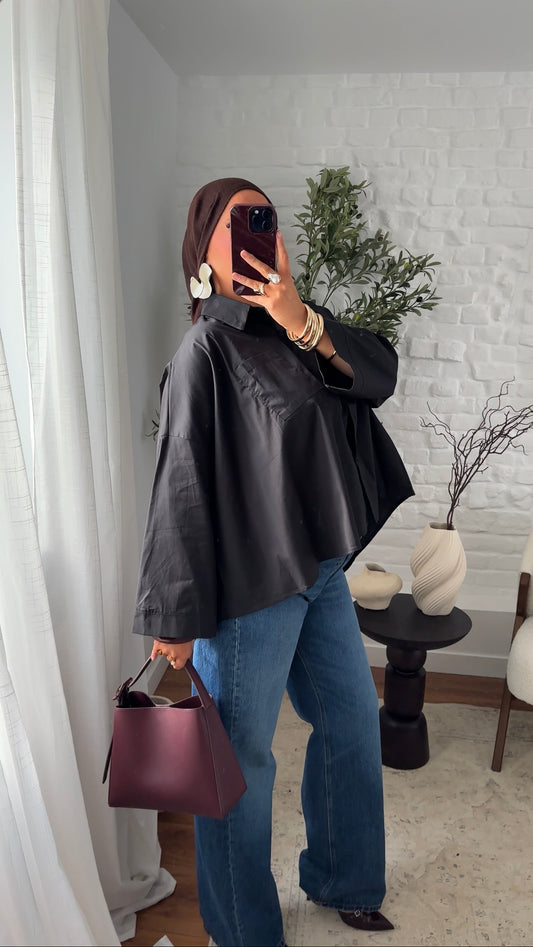 Chemise mi longue en coton | Noir