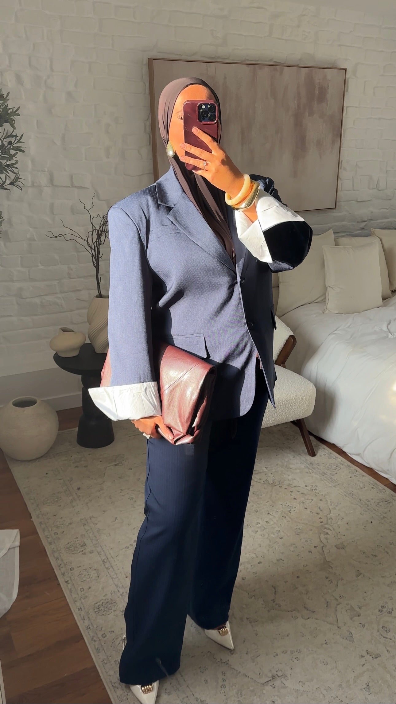 Set blazer oversize rayé et pantalon ultra long rayé oversize droit | Bleu marine