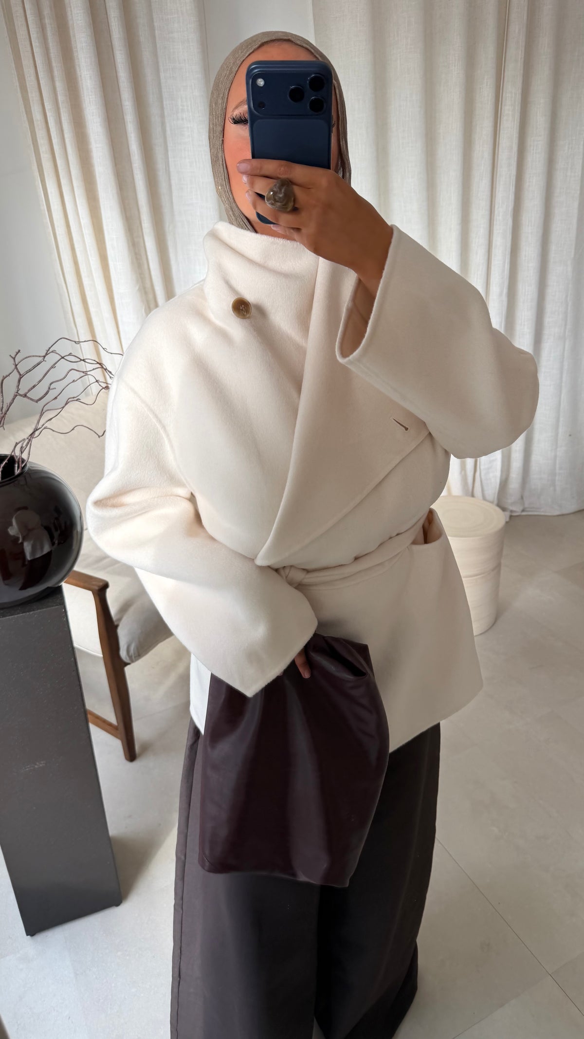 [GAMME LUXE] Manteau mi long en laine véritable à ceinture fait main | Écru