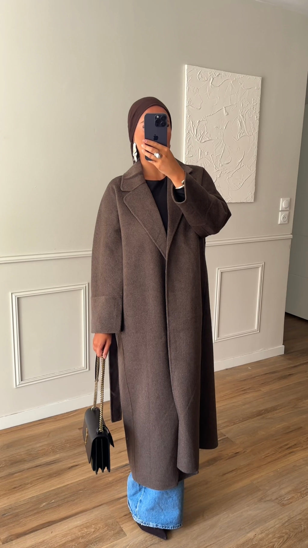 [GAMME LUXE] Manteau long en laine véritable fait main à ceinture | Marron