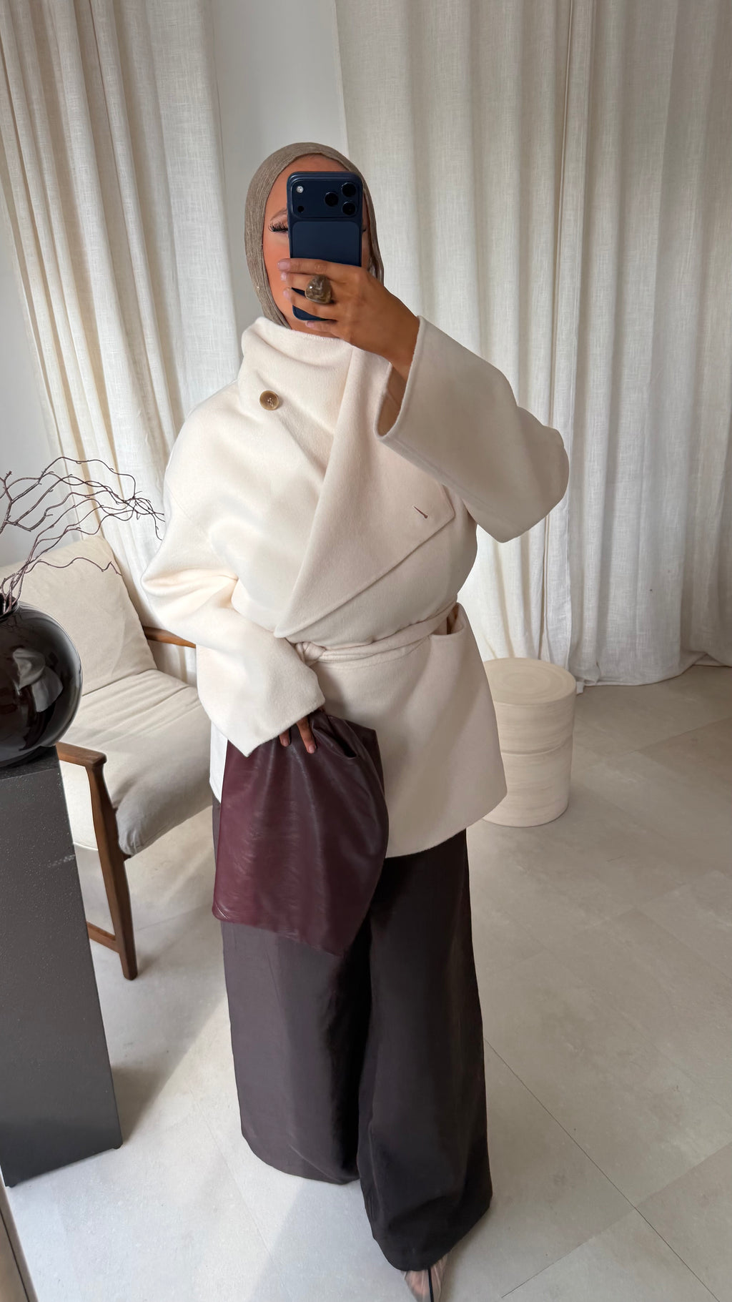 [GAMME LUXE] Manteau mi long en laine véritable à ceinture fait main | Écru