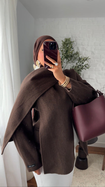 [GAMME LUXE] Manteau mi long en cachemire véritable à cape intégrée | Marron