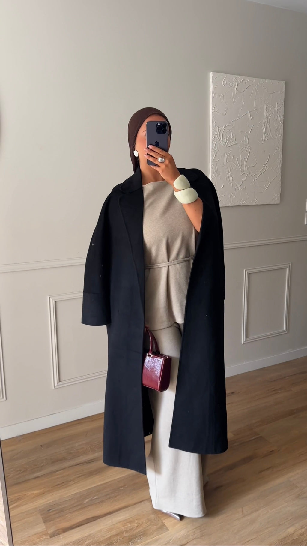 [GAMME PREMIUM] Manteau long en laine véritable fait main à ceinture | Noir