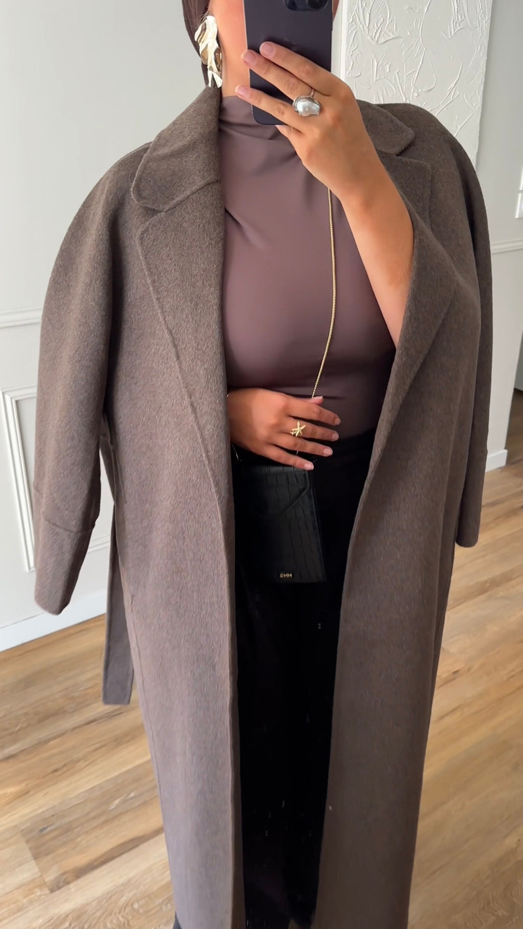 [GAMME LUXE] Manteau long en laine véritable fait main à ceinture | Marron
