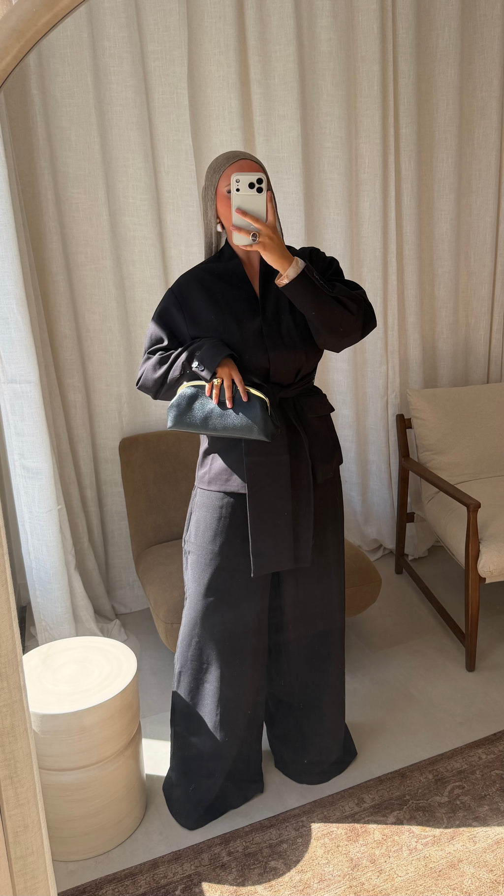 [GAMME LUXE] Blazer épais cintré et long à ceinture | Noir
