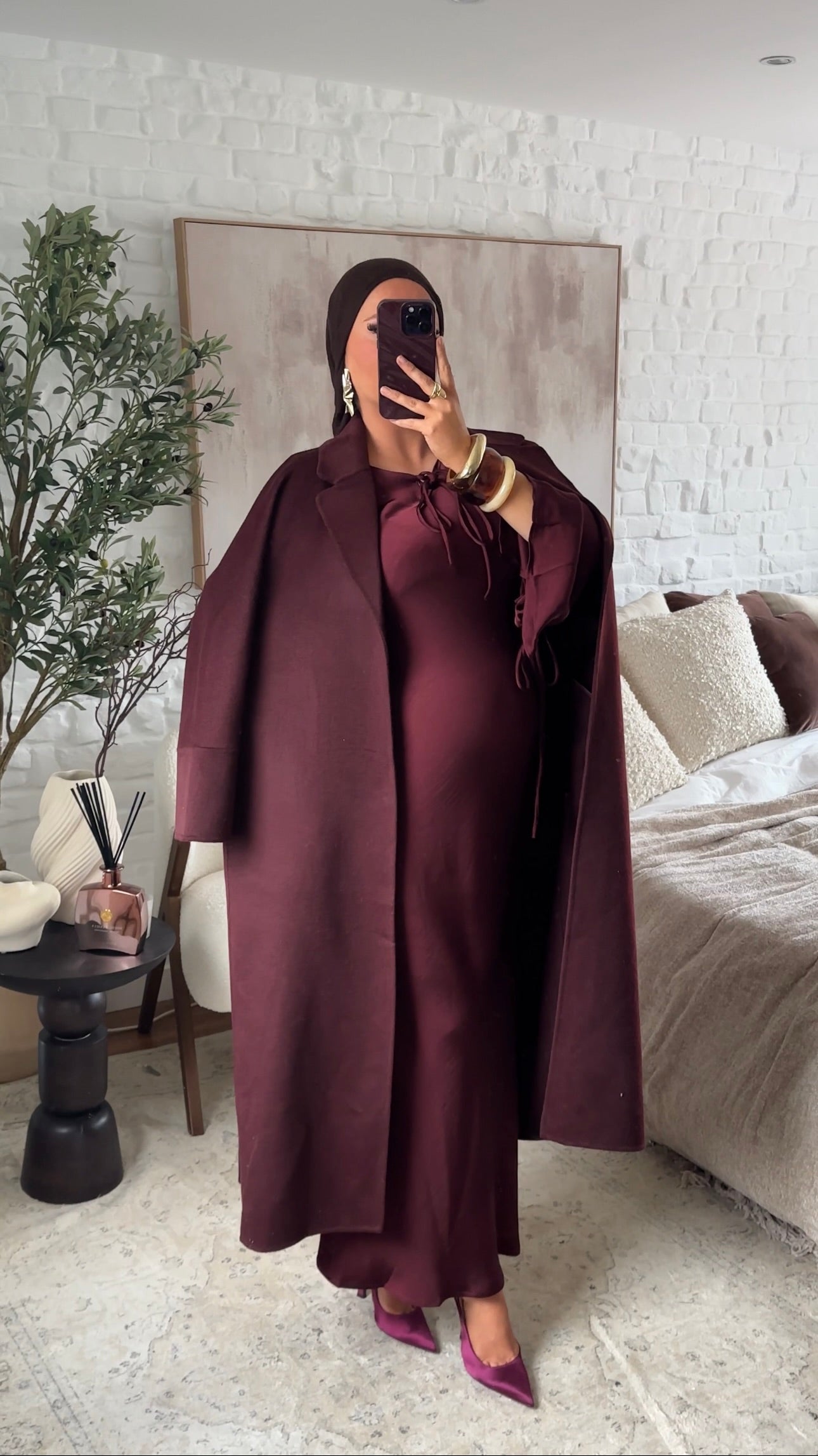 [GAMME LUXE] Manteau ultra long en laine véritable fait main | Bordeaux