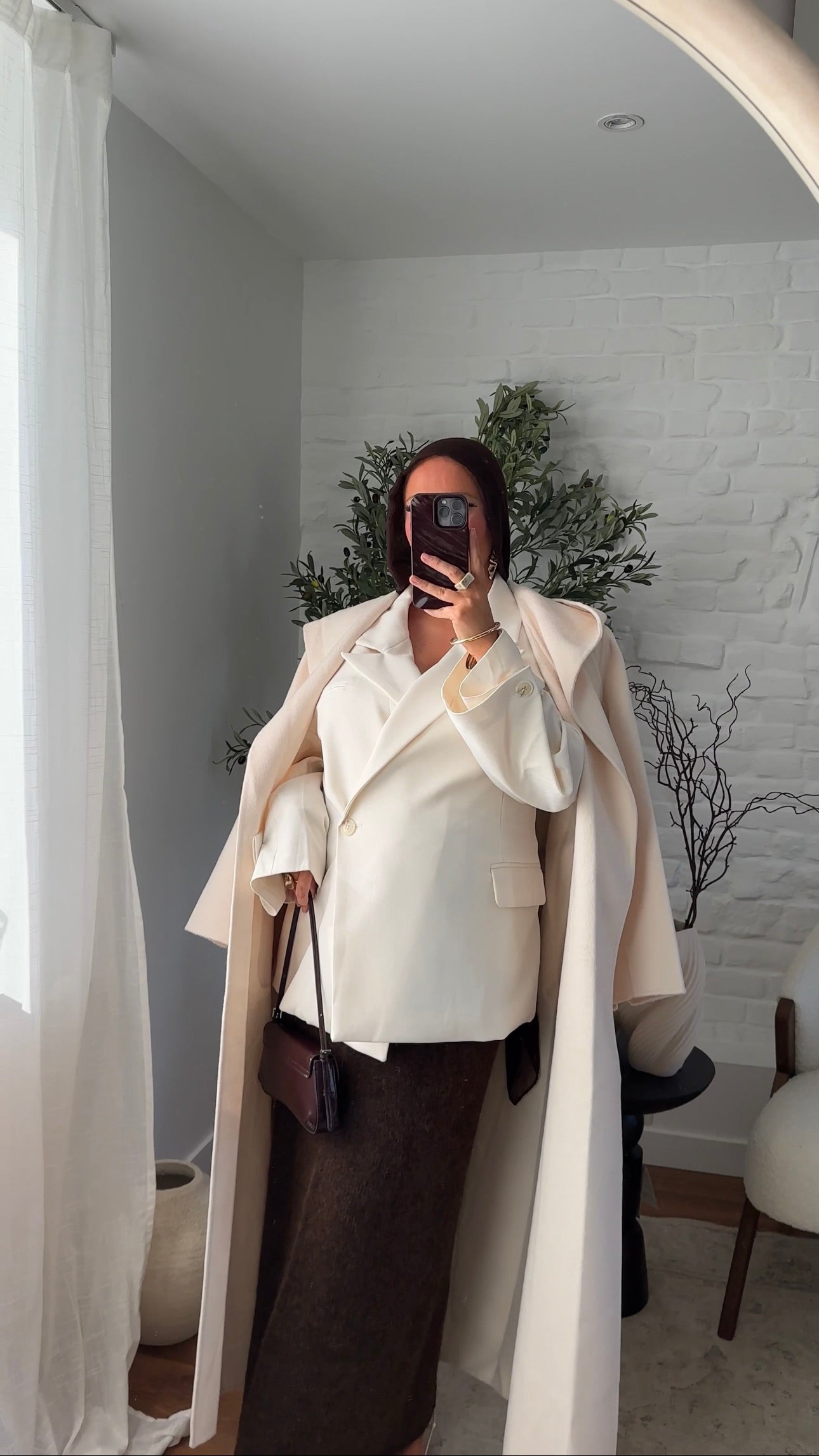 [GAMME LUXE] Manteau ultra long en laine véritable fait main à col | Écru