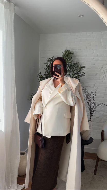 [GAMME LUXE] Manteau ultra long en laine véritable fait main à col | Écru