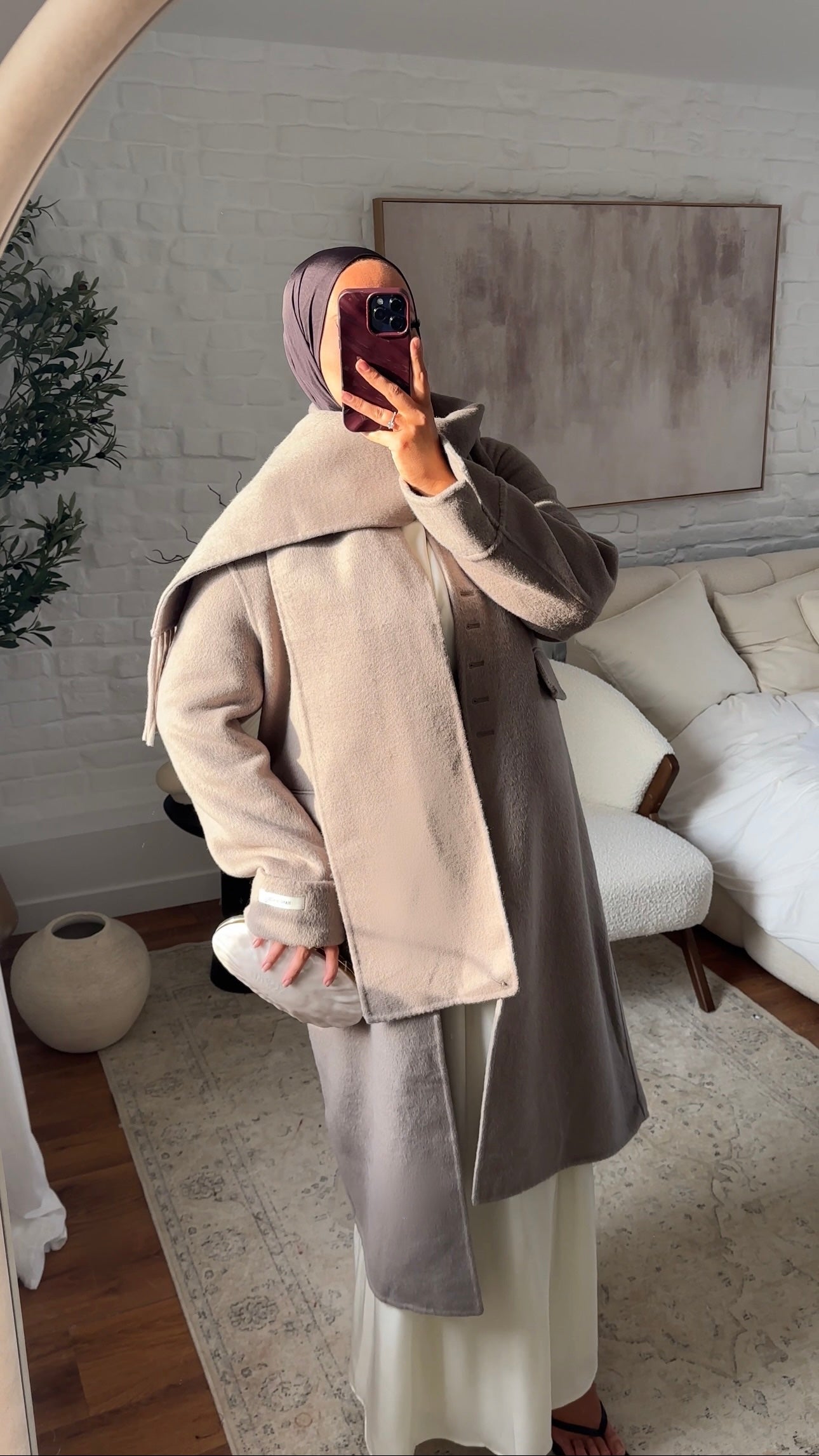 [GAMME LUXE] Manteau long ultra doux en laine véritable ultra chaud à écharpe | Beige
