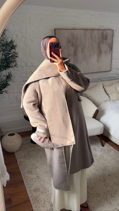 [GAMME LUXE] Manteau long ultra doux en laine véritable ultra chaud à écharpe | Beige