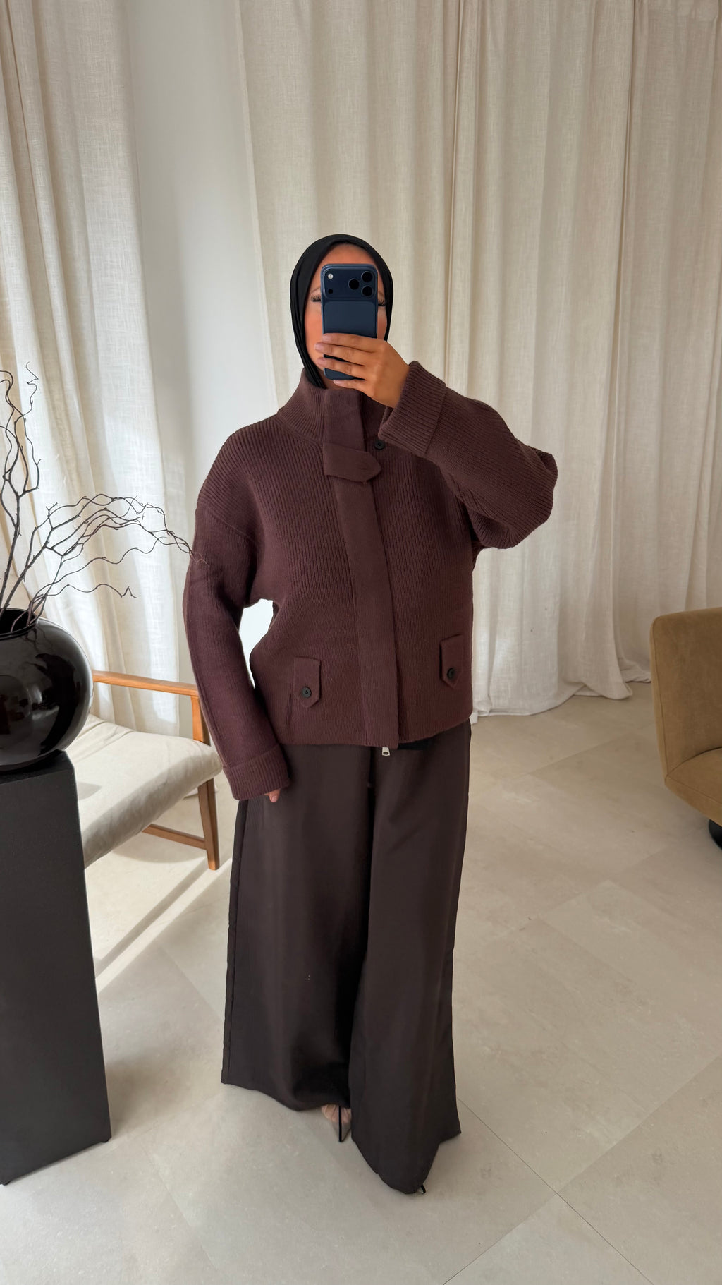 Pull grosse maille à zip à ceinture | Marron