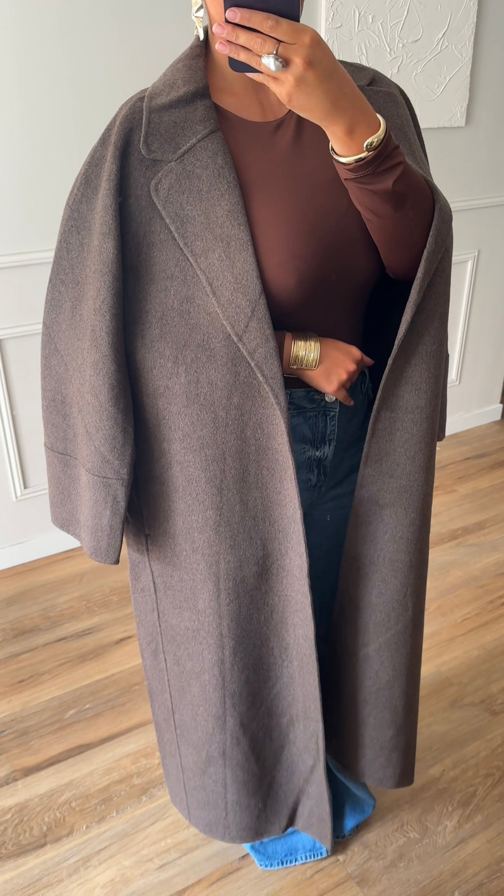[GAMME LUXE] Manteau long en laine véritable fait main à ceinture | Marron