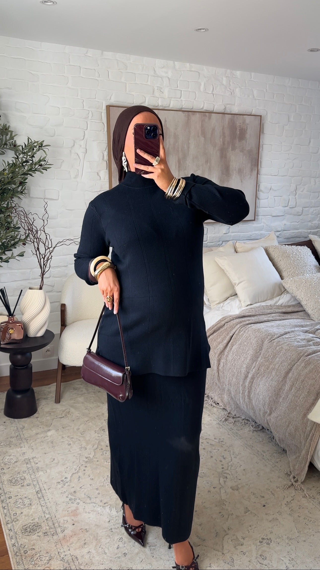 Ensemble comfy en maille à jupe longue et col montant | Noir