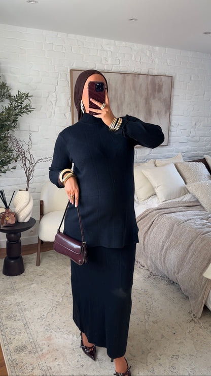 Ensemble comfy en maille à jupe longue et col montant | Noir