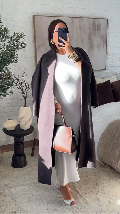 [GAMME PREMIUM] Manteau long en laine véritable fait main à ceinture | Marron dark chocolat