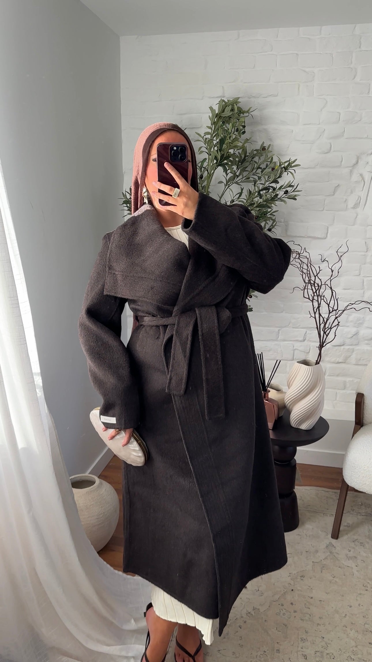 [GAMME PREMIUM] Manteau long en laine véritable fait main à ceinture | Marron