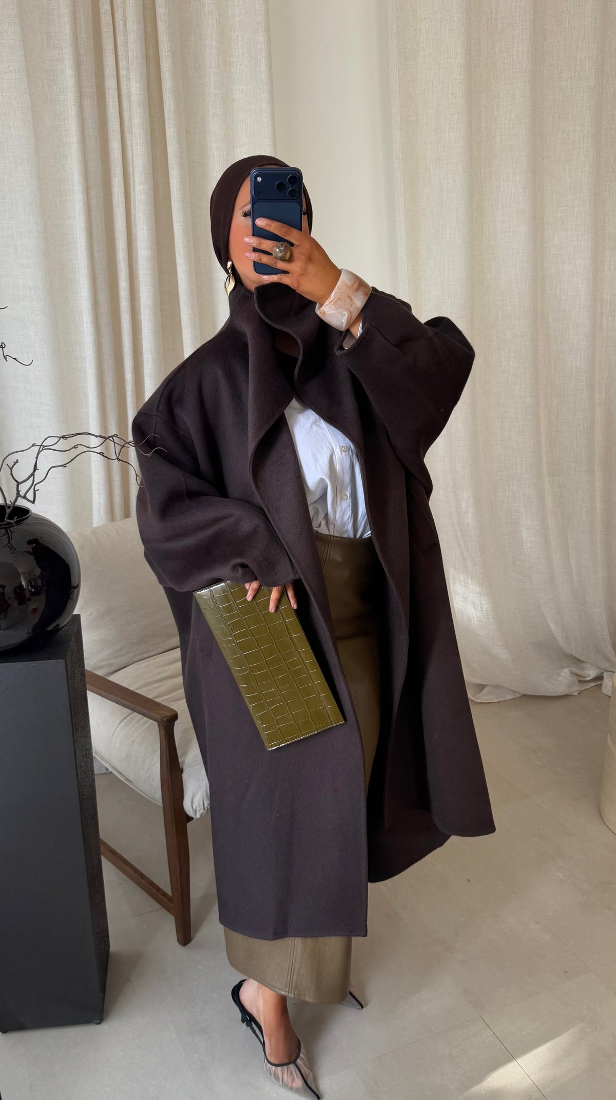 [GAMME LUXE] Manteau long cousu main en laine véritable GAYA | Marron