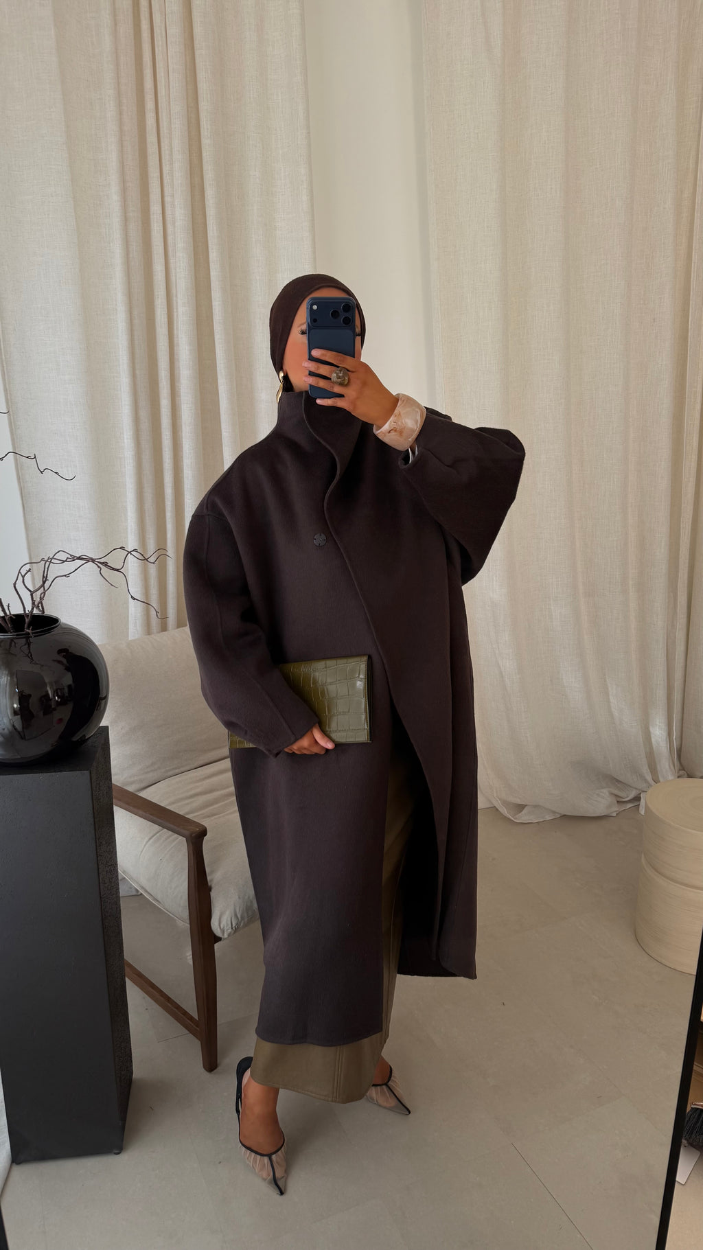 [GAMME LUXE] Manteau long cousu main en laine véritable GAYA | Marron