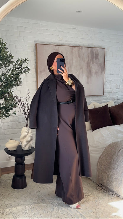 [GAMME PREMIUM] Manteau long en laine véritable fait main à ceinture | Marron dark chocolat