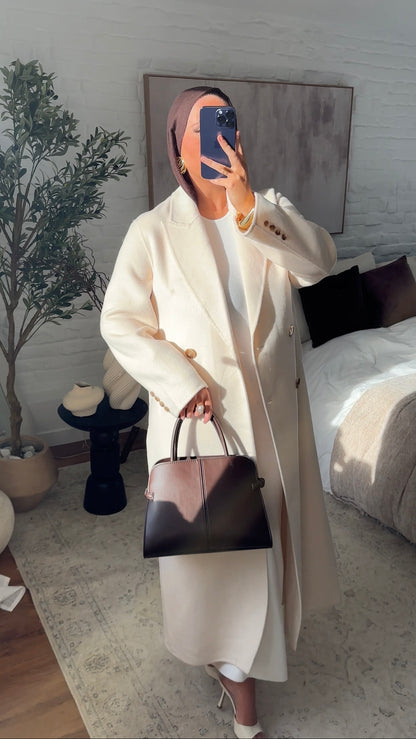 [GAMME PREMIUM] Manteau ultra long fait main en laine véritable Écru | Pré-commande