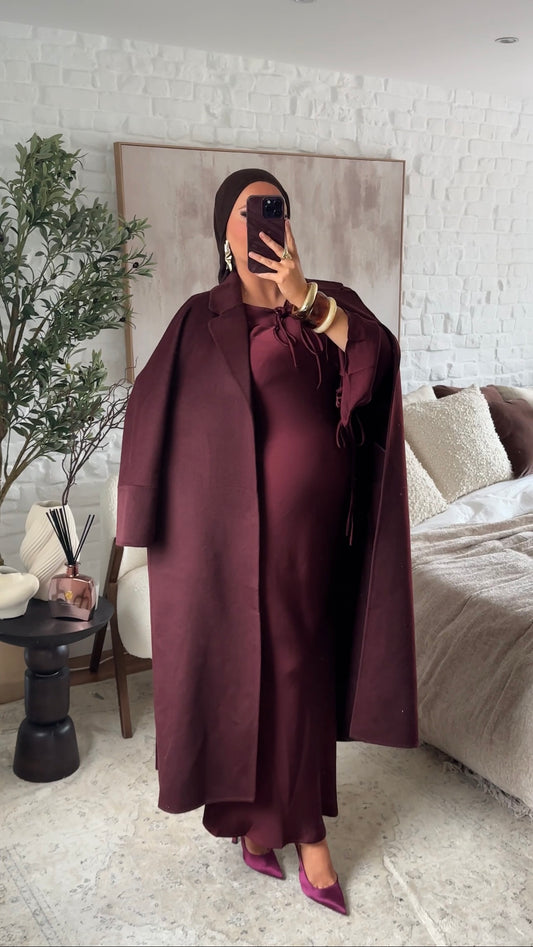 [GAMME PREMIUM] Manteau long en laine véritable fait main à ceinture | Bordeaux