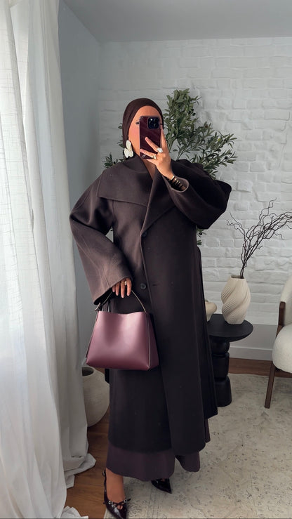 [CRÉATION] Manteau en laine véritable et col montant | Dark chocolat