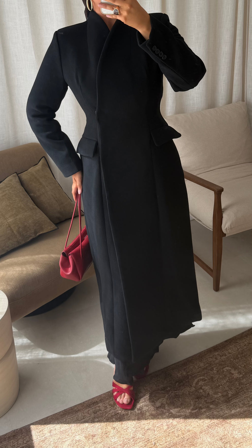 [GAMME LUXE] Manteau ultra long cintré en laine véritable | Noir